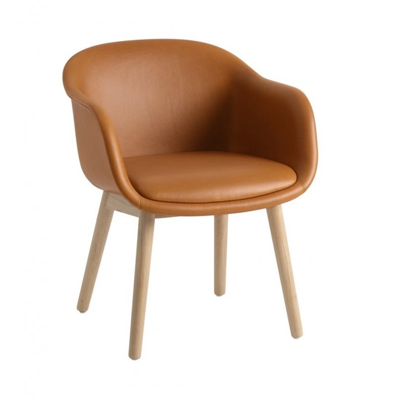 Muuto FIBER CONFERENCE Krzesło Tapicerowane / Podstawa Dębowa Obicie Brązowa Skóra Naturalna Cognac