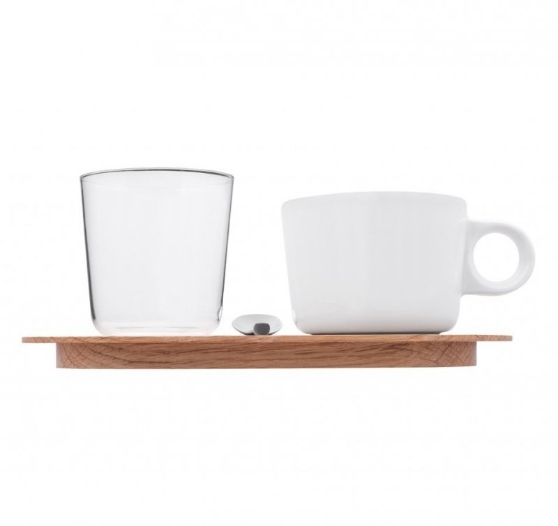 Clap Design OVAL Filiżanka do Kawy 160 ml / Zestaw z Dębowym Spodkiem, Szklanką i Łyżeczką
