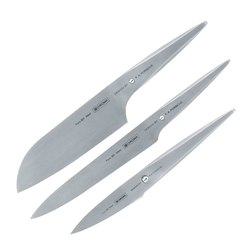 Chroma TYPE 301 Nóż Santoku, Nóż do Plastrowania, Nóż do Obierania - Zestaw 3 Noży