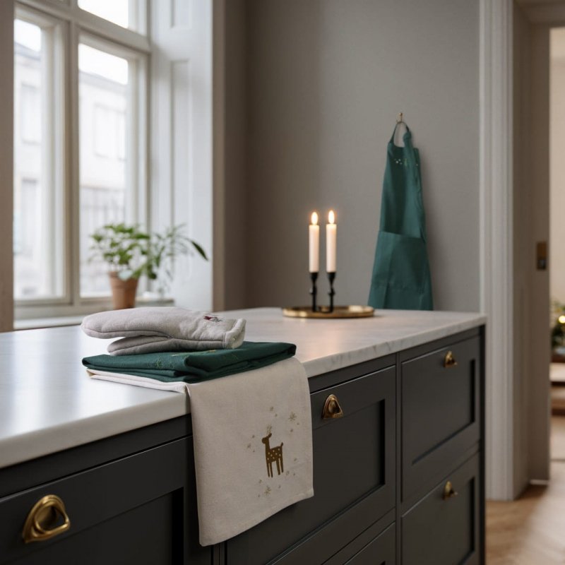 Fartuch Christmas Fable Juna w kolorze zielonym na tle kuchni