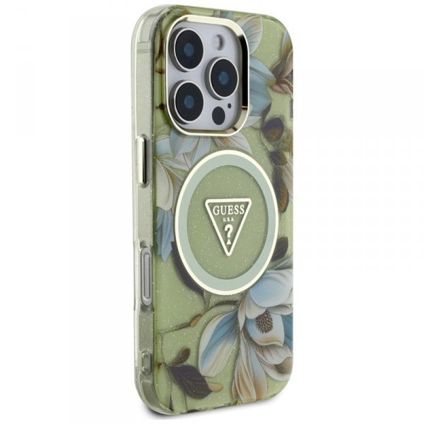 Guess Glitter Flowers Triangle Buttons MagSafe - Etui do iPhone 16 Pro Max (zielony)