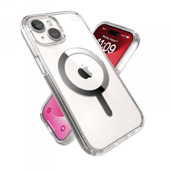 Speck Presidio Perfect-Clear MagSafe - Etui iPhone 16e / iPhone 15 / iPhone 14 / iPhone 13 (Clear / Chrome Finish / Serene Silve