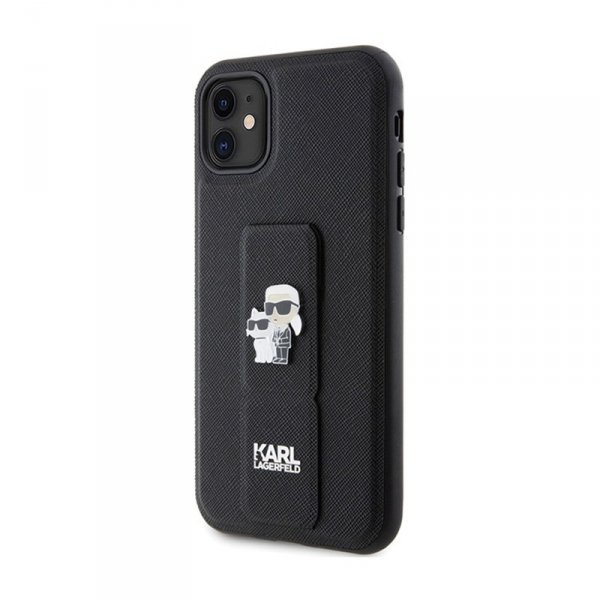 Karl Lagerfeld Gripstand Saffiano Karl & Choupette Pins - Etui iPhone 11 (czarny)