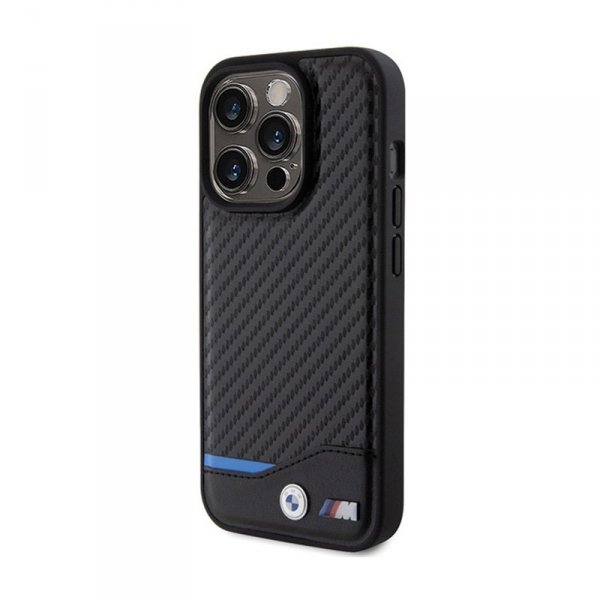 BMW Leather Carbon Blue Line - Etui iPhone 15 Pro (czarny)