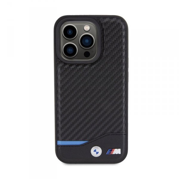 BMW Leather Carbon Blue Line - Etui iPhone 15 Pro (czarny)