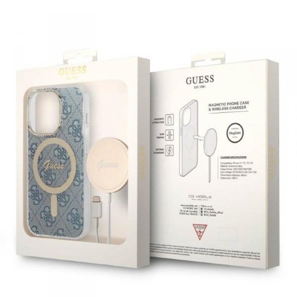 Guess Bundle Pack MagSafe 4G - Zestaw etui + ładowarka MagSafe iPhone 14 Pro (niebieski/złoty)