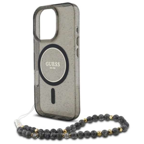 Guess IML Glitter With Pearl Strap MagSafe - Etui iPhone 16 Pro Max (czarny)