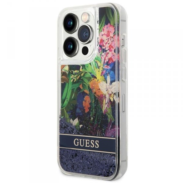 Guess Liquid Glitter Flower - Etui iPhone 14 Pro Max (niebieski)