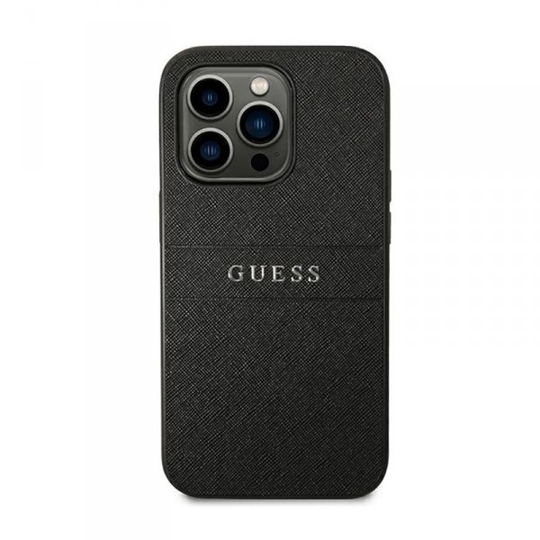 Guess Saffiano Metal Logo Stripes - Etui iPhone 14 Pro (czarny)