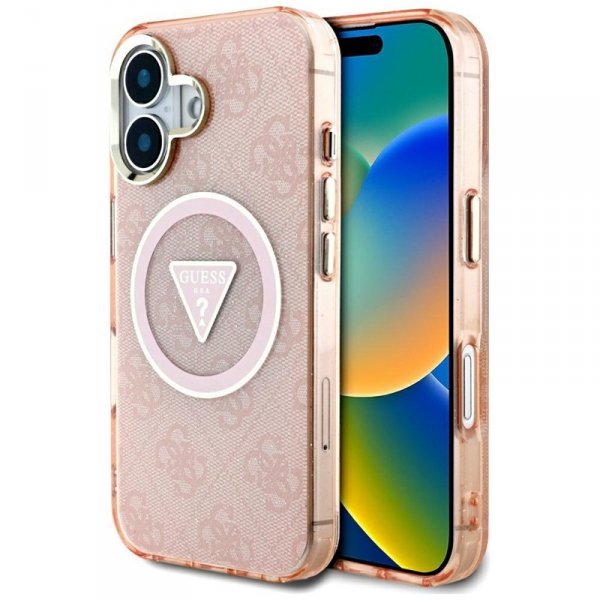Guess IML Metal Glitter 4G Circle Triangle MagSafe - Etui do iPhone 16 (różowy)