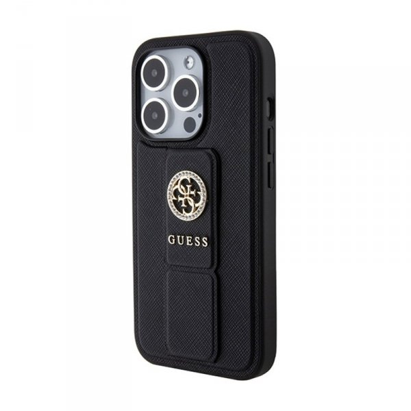 Guess Grip Stand 4G Saffiano Strass Logo - Etui iPhone 15 Pro (czarny)