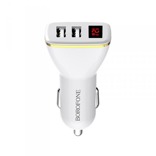 Borofone - ładowarka samochodowa 2x USB z wyświetlaczem LED, biały