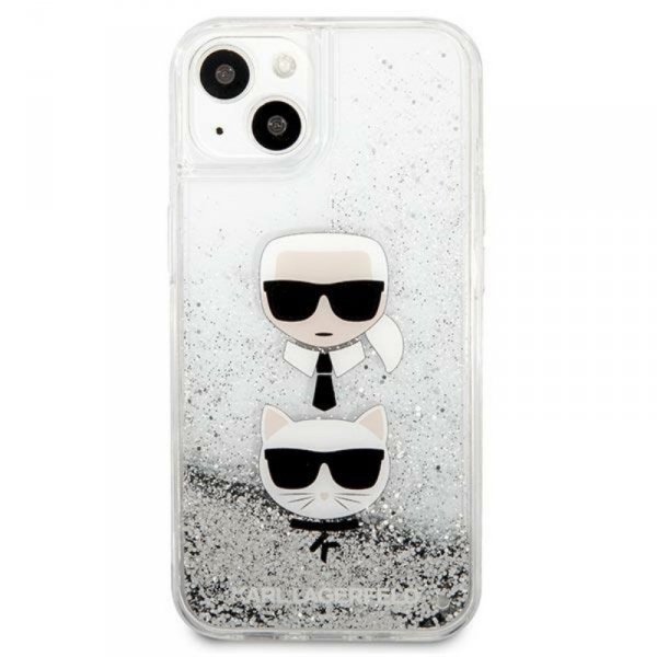 Karl Lagerfeld Liquid Glitter Karl & Choupette Head - Etui iPhone 13 mini (srebrny)