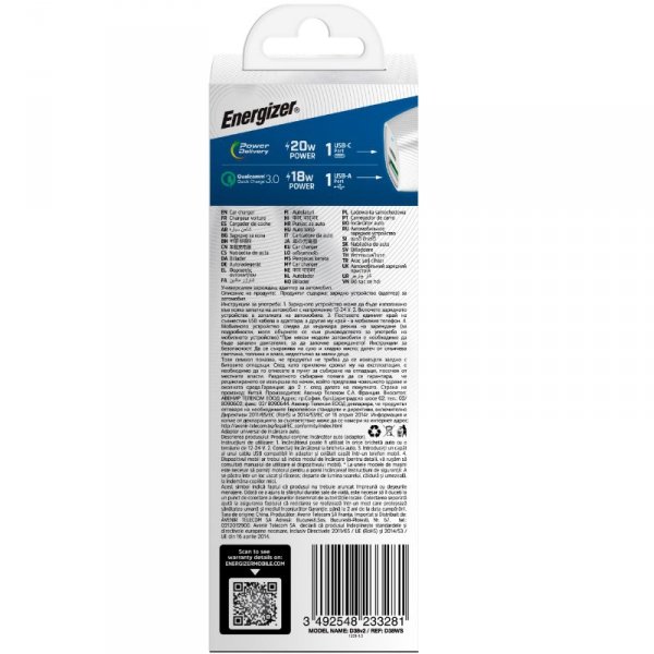 Energizer Ultimate - Ładowarka samochodowa USB-C & USB-A 38W PD + QC3.0 (Biały / Srebrny)