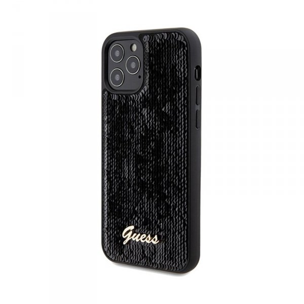 Guess Sequin Script Metal - Etui iPhone 12 / iPhone 12 Pro (czarny)