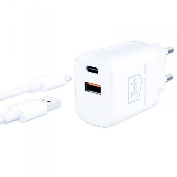 3mk Hyper Charger - Ładowarka sieciowa USB-A QC 3.0 + USB-C PD 20W (Biały)