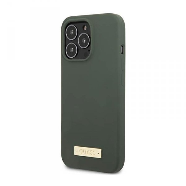 Guess Silicone Logo Plate MagSafe - Etui iPhone 13 Pro (zielony)