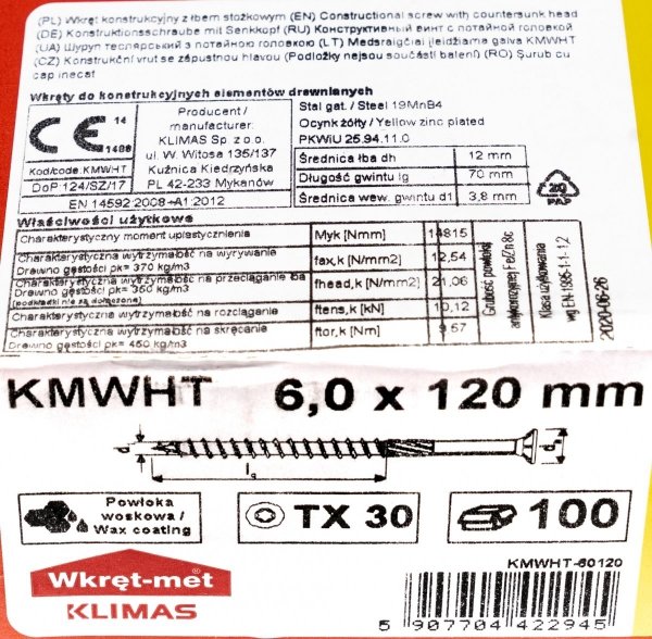 Wkręty ciesielskie TX 6x120 do drewna osb 100szt