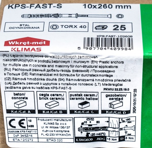 Kołki ramowe rozporowe 10x260 STOŻEK TX torx 25szt