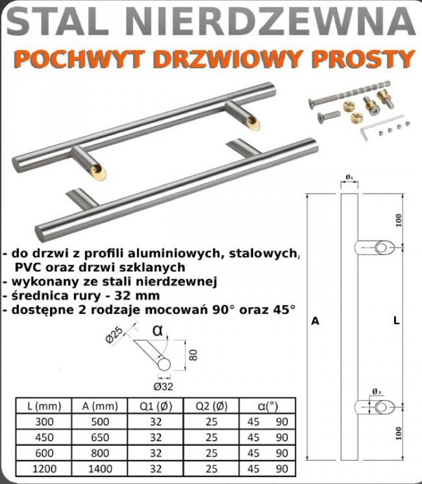 Pochwyt dwustr inox nierdzewny 1200/1400 45st