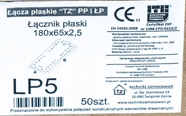 50x Łącznik ciesielski 180x65 2,5mm płaski ŁP5