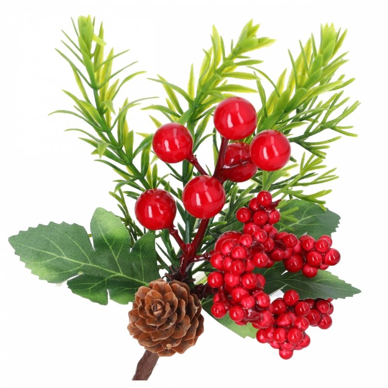Gałązka Szyszki/Kulki Czerwone 20,5cm KR1769 [10szt]