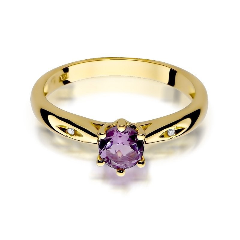 Pierścionek złoty 585 z brylantami 0,01ct ametystem 0,50ct W-74