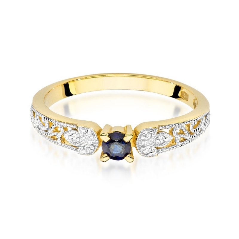 Pierścionek złoty 585 z brylantami 0,03ct szafirem 0,15ct W-411