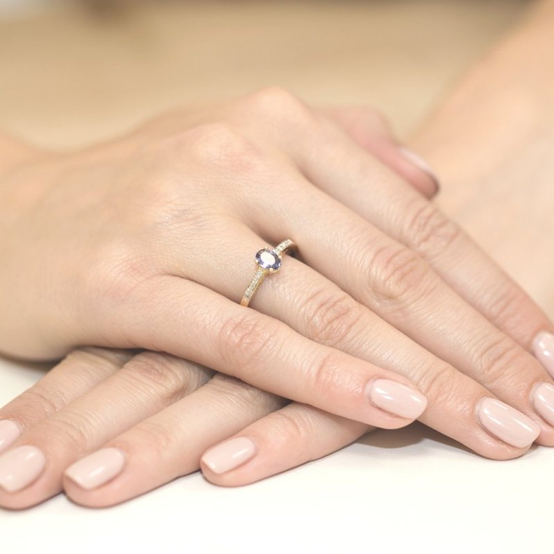 Pierścionek złoty 585 z tanzanitem 0,40ct brylantami 0,05ct zaręczynowy W-67