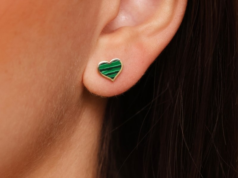 Kolczyki złote 585 sztyft serduszka serca malachit