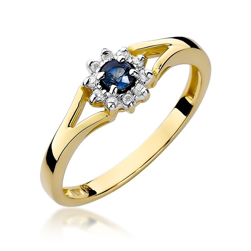 Pierścionek złoty 585 z brylantami 0,09ct szafirem 0,15ct W-185