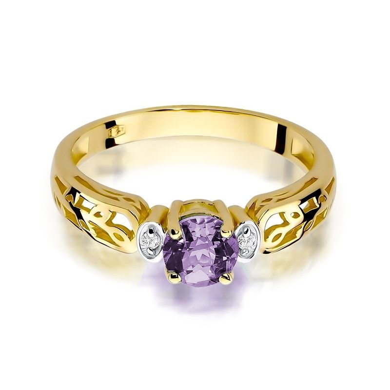 Pierścionek złoty 585 z brylantami 0,02ct ametystem 0,50ct W-14