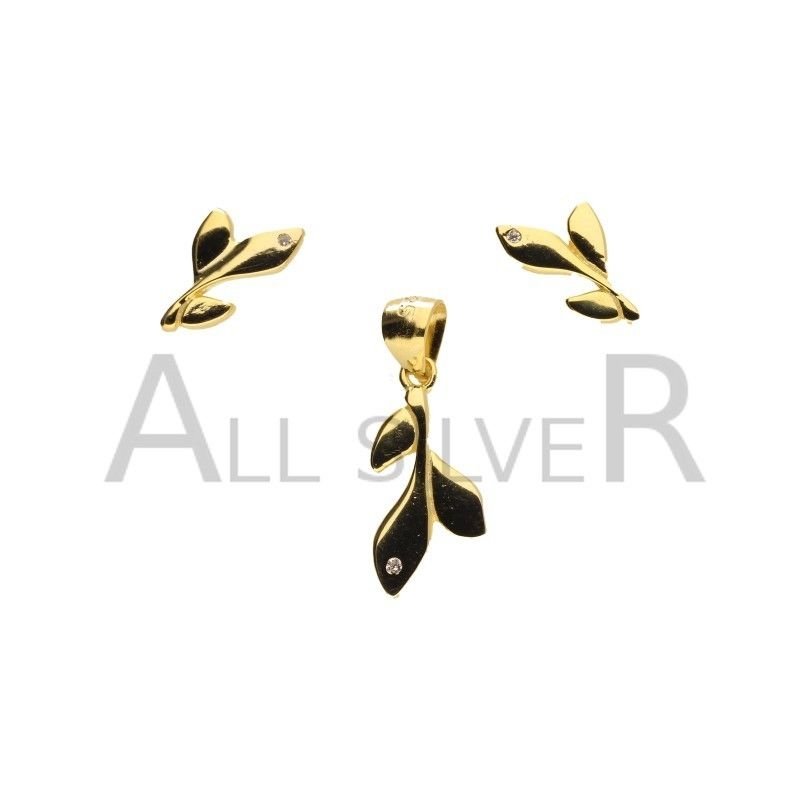 KOMPLET SREBRNY 925 POZLOCONY LISTKI