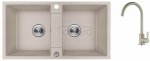 AQUAFORM - zlewozmywak granitowy MARANELLO 440 X 800 X 185 - 2 komory, BEŻOWY + syfon oszczędzający miejsce z korkiem automatycznym + bateria stojąca z wylewką U  AQ.901-2002504