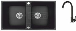 AQUAFORM - zlewozmywak granitowy MARANELLO 440 X 800 X 185 - 2 komory, CZARNY MONO + syfon oszczędzający miejsce z korkiem automatycznym + bateria stojąca z wylewką U  AQ.901-2009504