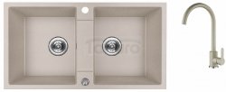 AQUAFORM - zlewozmywak granitowy MARANELLO 440 X 800 X 185 - 2 komory, BEŻOWY + syfon oszczędzający miejsce z korkiem automatycznym + bateria stojąca z wylewką U  AQ.901-2002504