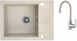 AQUAFORM - zlewozmywak granitowy MARANELLO 440 X 570 X 215 - 1 komora z 1/2 ociekacza, BEŻOWY + syfon oszczędzający miejsce z korkiem automatycznym + bateria stojąca z wylewką elastyczną  AQ.901-1012506