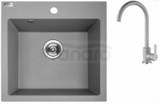 AQUAFORM - zlewozmywak granitowy MARANELLO 490 X 490 X 215 - 1 komora, SZARY + syfon oszczędzający miejsce + bateria stojąca z wylewką U  AQ.901-1003503