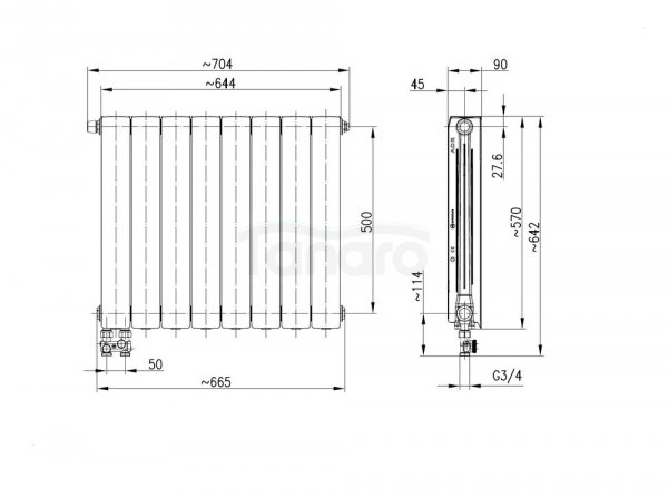 ARMATURA KRAKÓW KFA Grzejnik aluminiowy ADR500/D/8 z dolnym lewym zasilaniem prostym 763-084-44