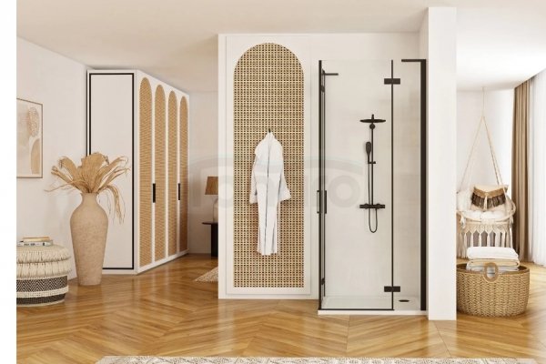 REA - Kabina narożna - drzwi podwójne prysznicowe składane, łamane HUGO DOUBLE 80x90 Black / Czarne 