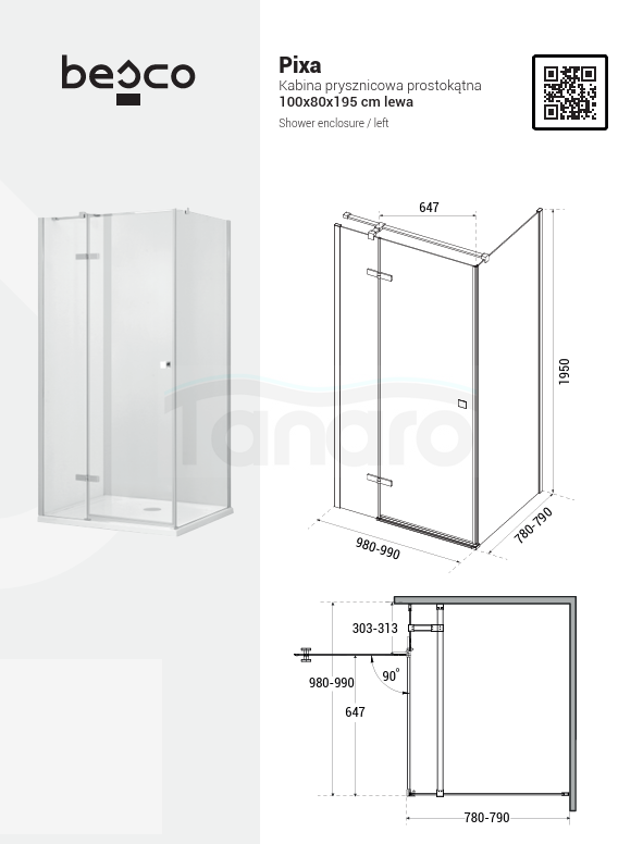 BESCO Kabina prysznicowa Pixa Gun Metal 100x80x195 Lewa PPL108-195GR