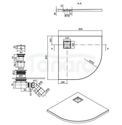 CERSANIT - brodzik półokrągły TAKO Slim 80x4 szary mat + syfon  S932-159