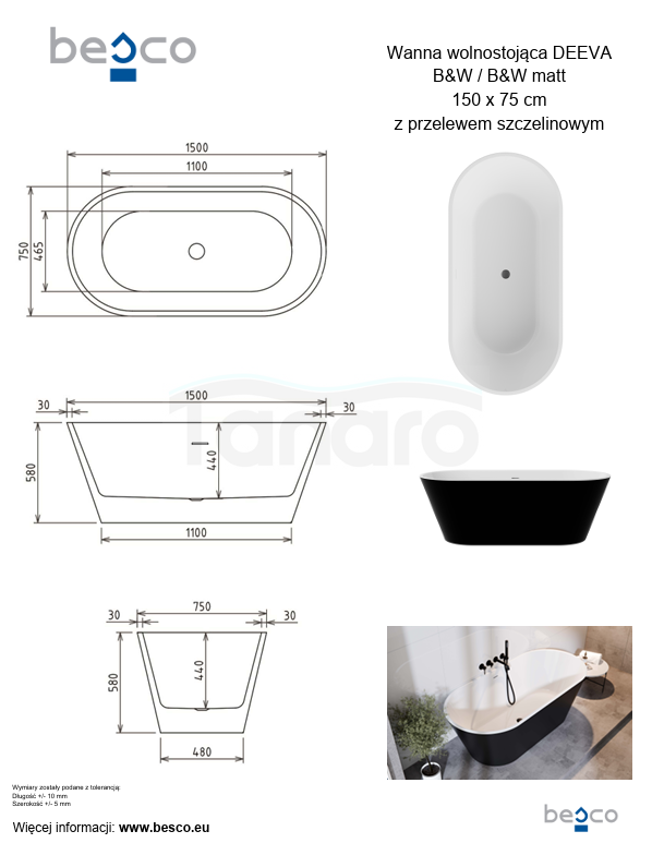 BESCO Wanna wolnostojąca Deeva B&amp;W 150 + maskownica odpływu gun metal #WWA-150-DBM