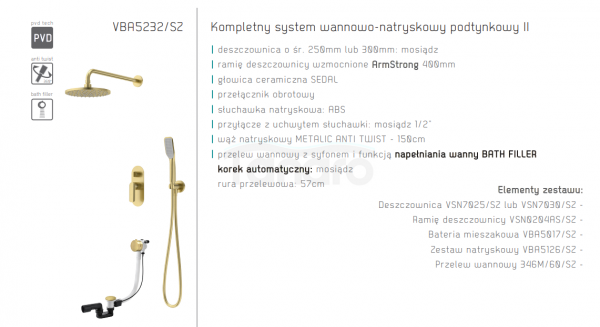 VEDO System wannowo-natr. podtynkowy deszczownica 250mm II ALETTA SPAZZO złoto szczotkowane/ Nr KAT: VBA5232/25/SZ