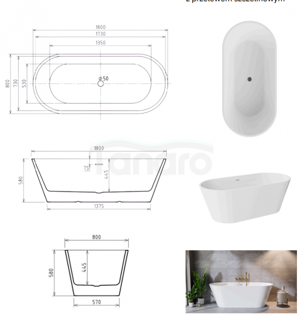BESCO Wanna wolnostojąca Deeva 180x80 + maskownica odpływu biała #WWA-180-DBI