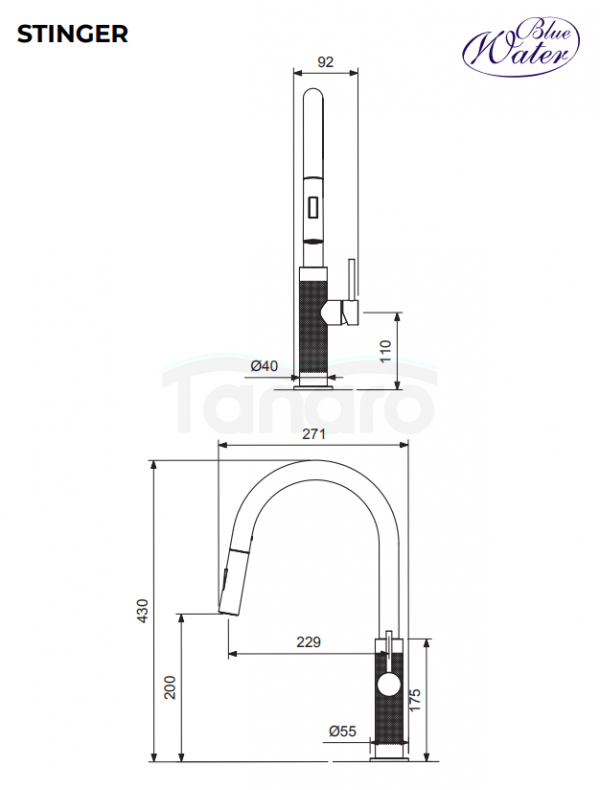 BLUE WATER Bateria kuchenna z wyciąganą wylewką Stinger kolor STALI (NIKIEL)
