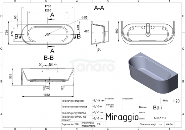 MIRAGGIO Wanna BALI czarna Full RAL 9005 170x75