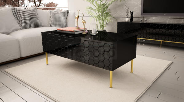 MEGSTYL ŁAWA 120CM NA ZŁOTYCH NÓŻKACH - czarny połysk HEXA 3