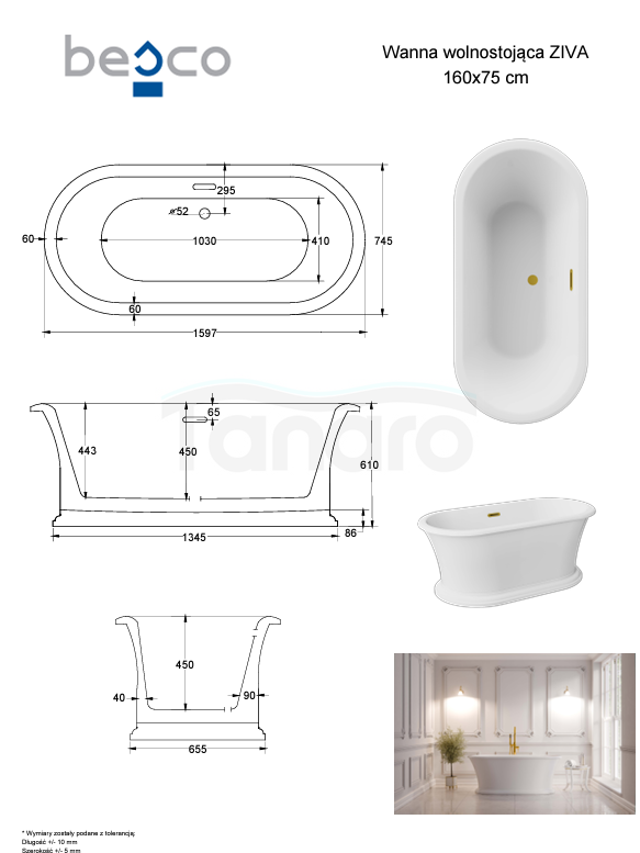BESCO Wanna wolnostojąca Ziva Glam Srebrna 160x75 + klik-klak z przelewem szczelinowym gun metal, postument biały #WWA160ZSSGR