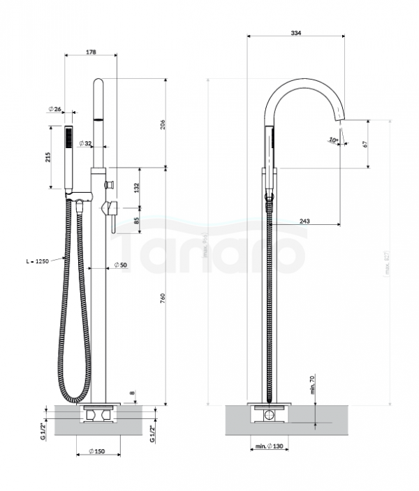 OMNIRES bateria wannowa wolnostojąca 96cm nikiel Y1233-SNI